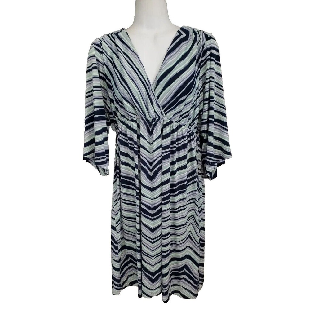 Soma Striped V-Neck Knee Dress in Navy, Light Blue, and White